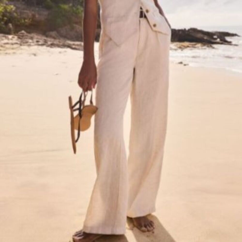 Lands End Pants 100% Linen 20w Off White Beige High waisted Wide Leg Pants New